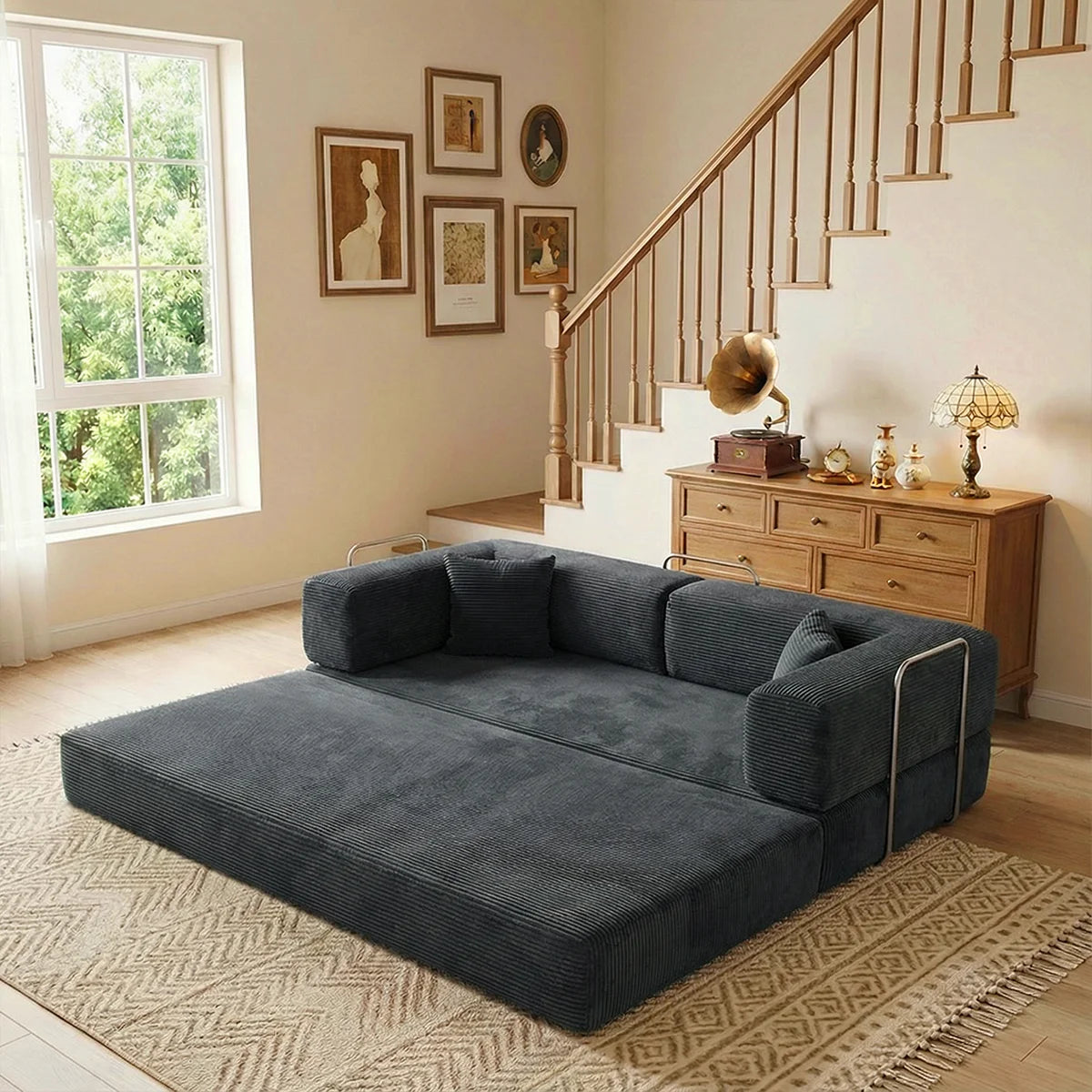 Queen-Size 4-in-1 Corduroy Futon Sleeper Sofa