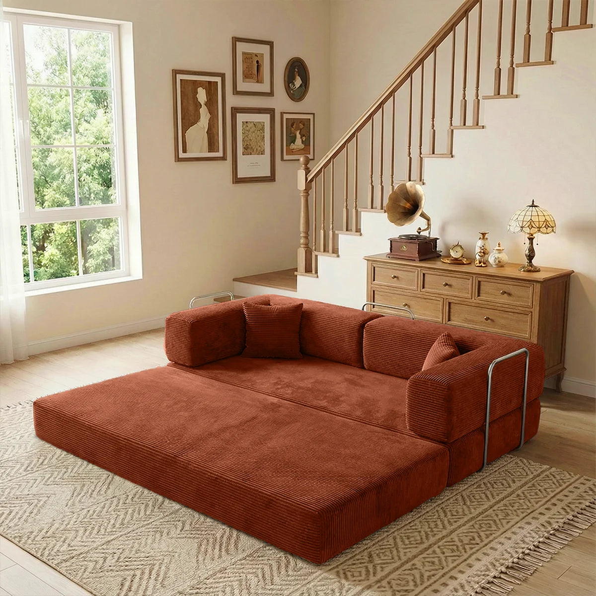 Queen-Size 4-in-1 Corduroy Futon Sleeper Sofa