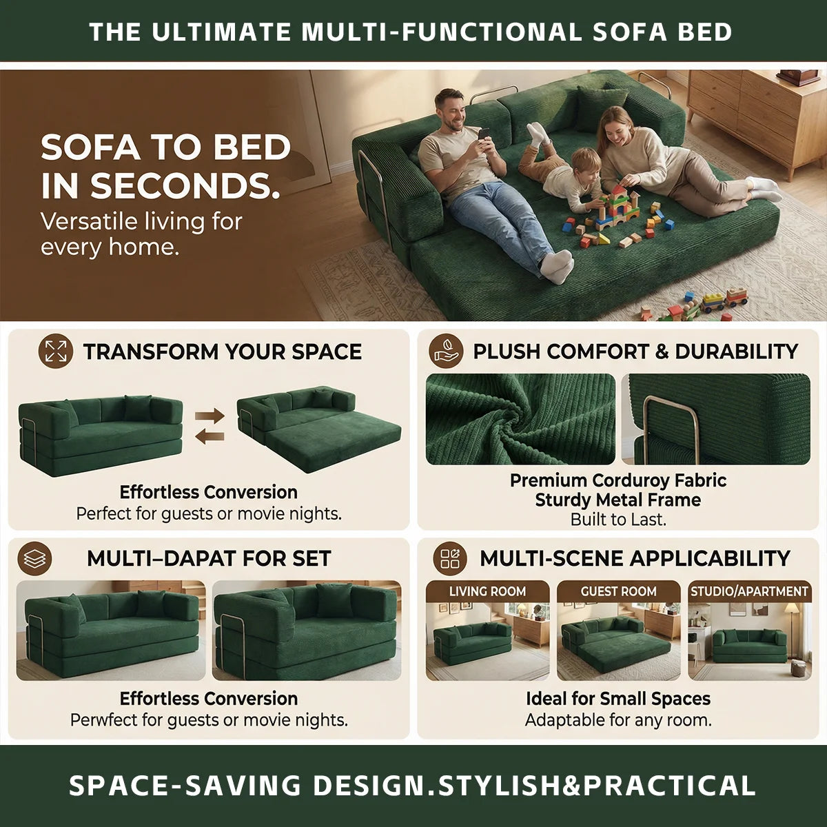 Queen-Size 4-in-1 Corduroy Futon Sleeper Sofa