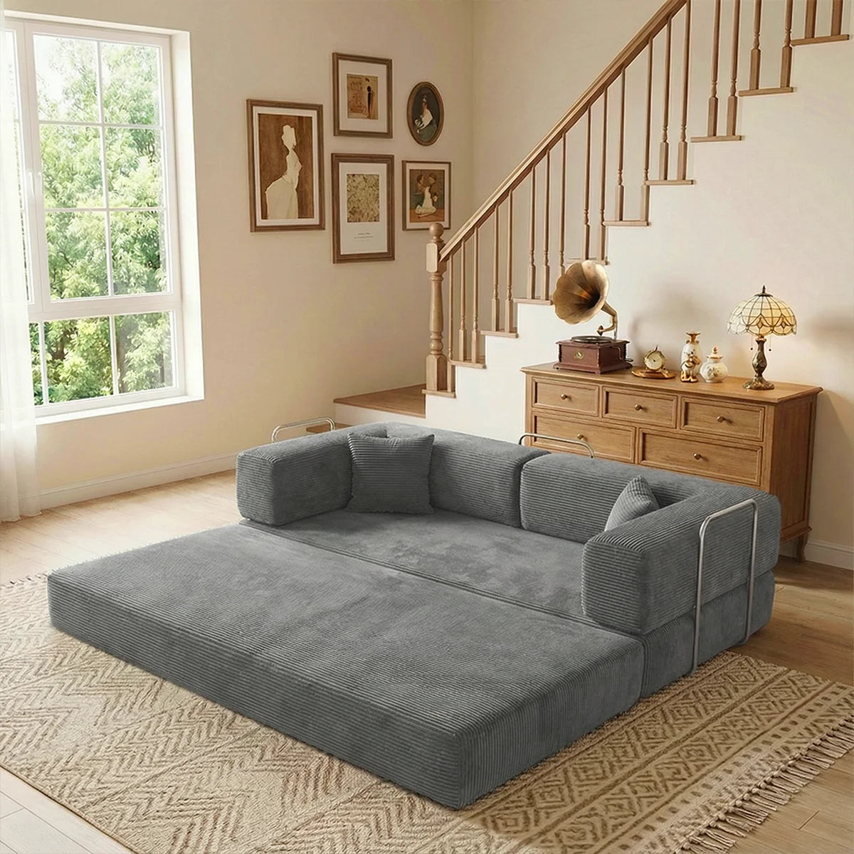 Queen-Size 4-in-1 Corduroy Futon Sleeper Sofa