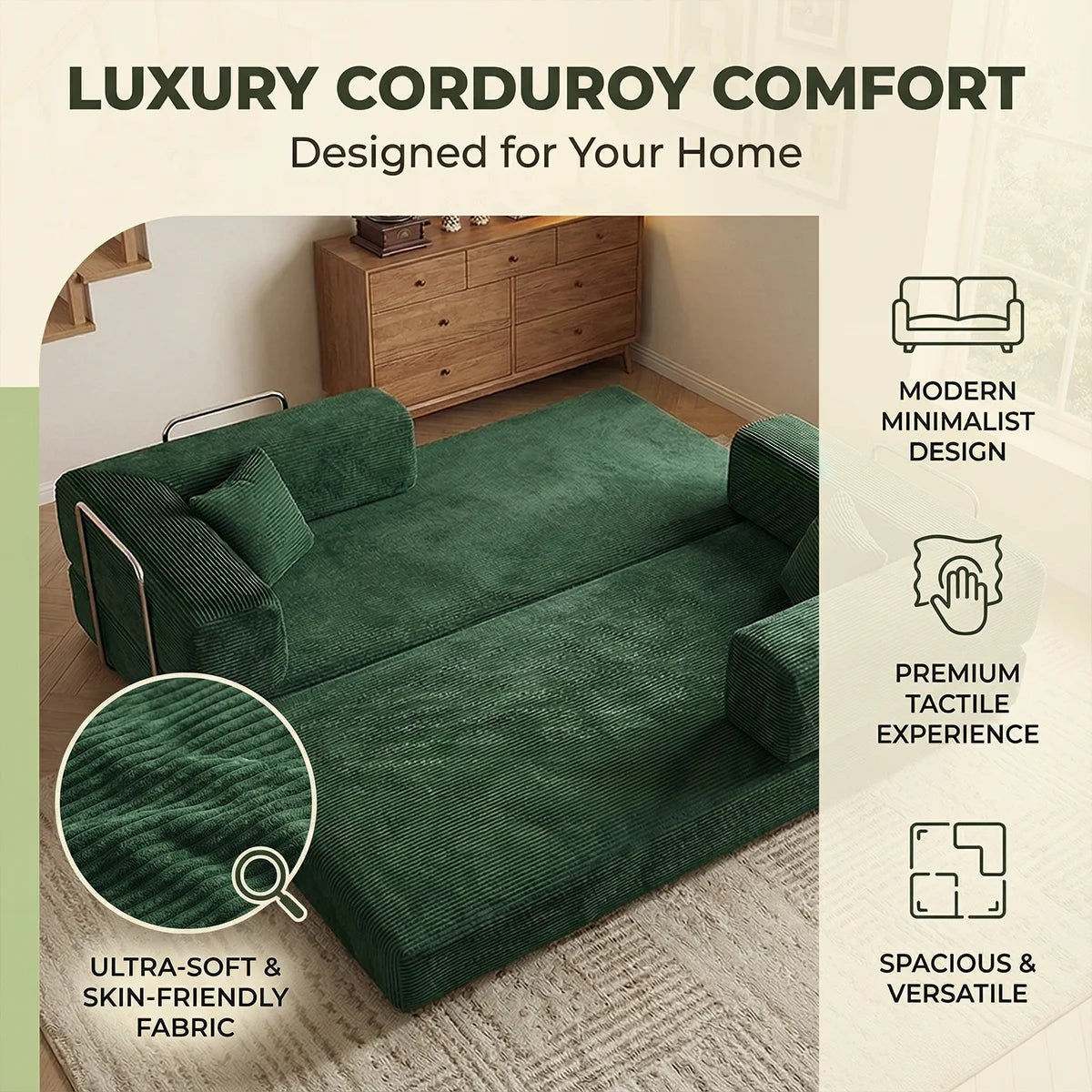 Queen-Size 4-in-1 Corduroy Futon Sleeper Sofa