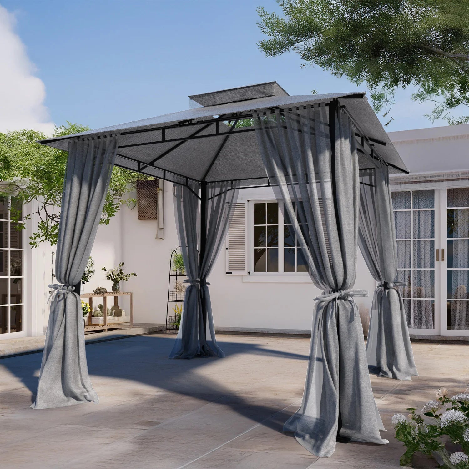8×8 ft Double-Roof Gazebo with Netting & Curtains