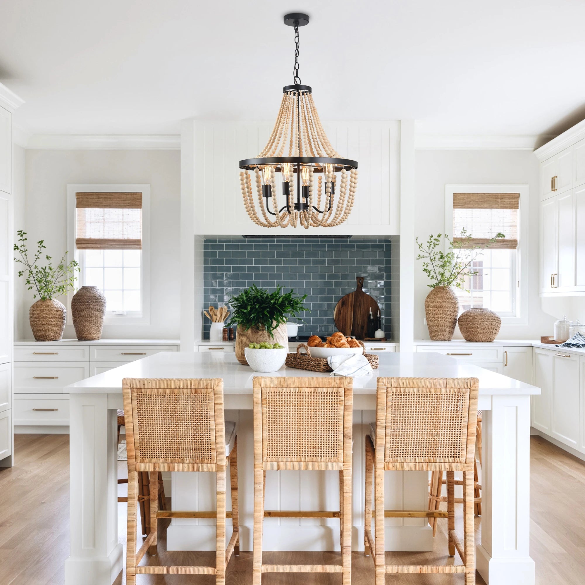 Boho Wood Bead Dimmable Chandelier