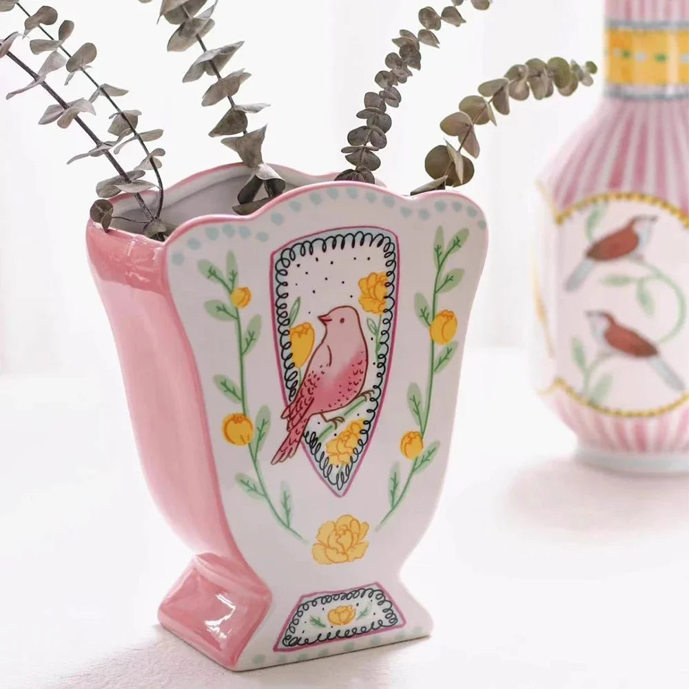 French Ceramic Bird Rose Vase