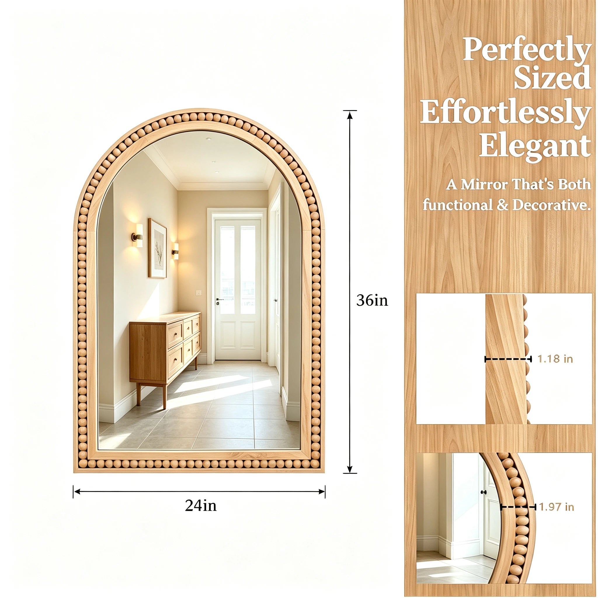 Beaded Arched Wood Mirror 24x36