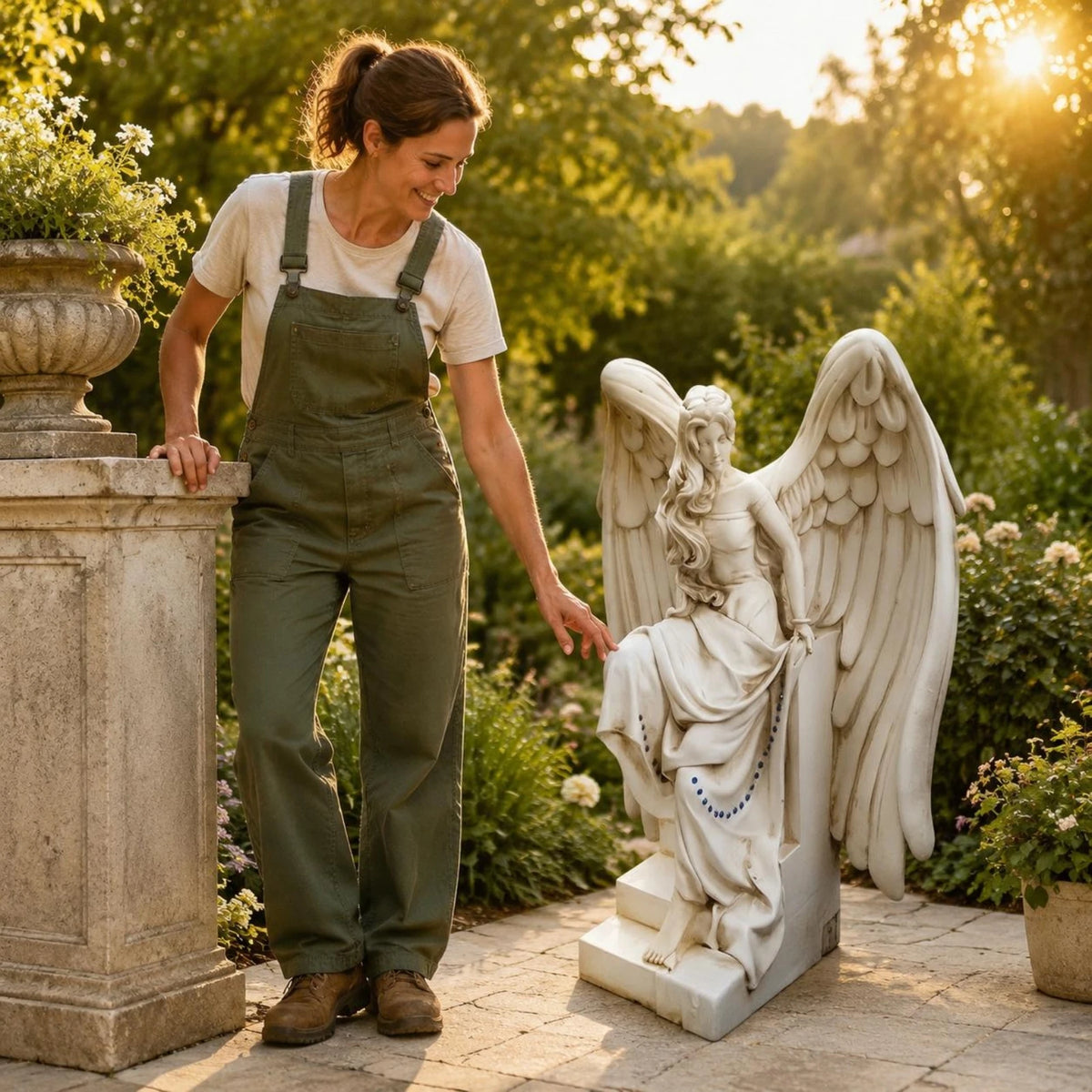 Seated White Angel Figurine with Feathered Wings