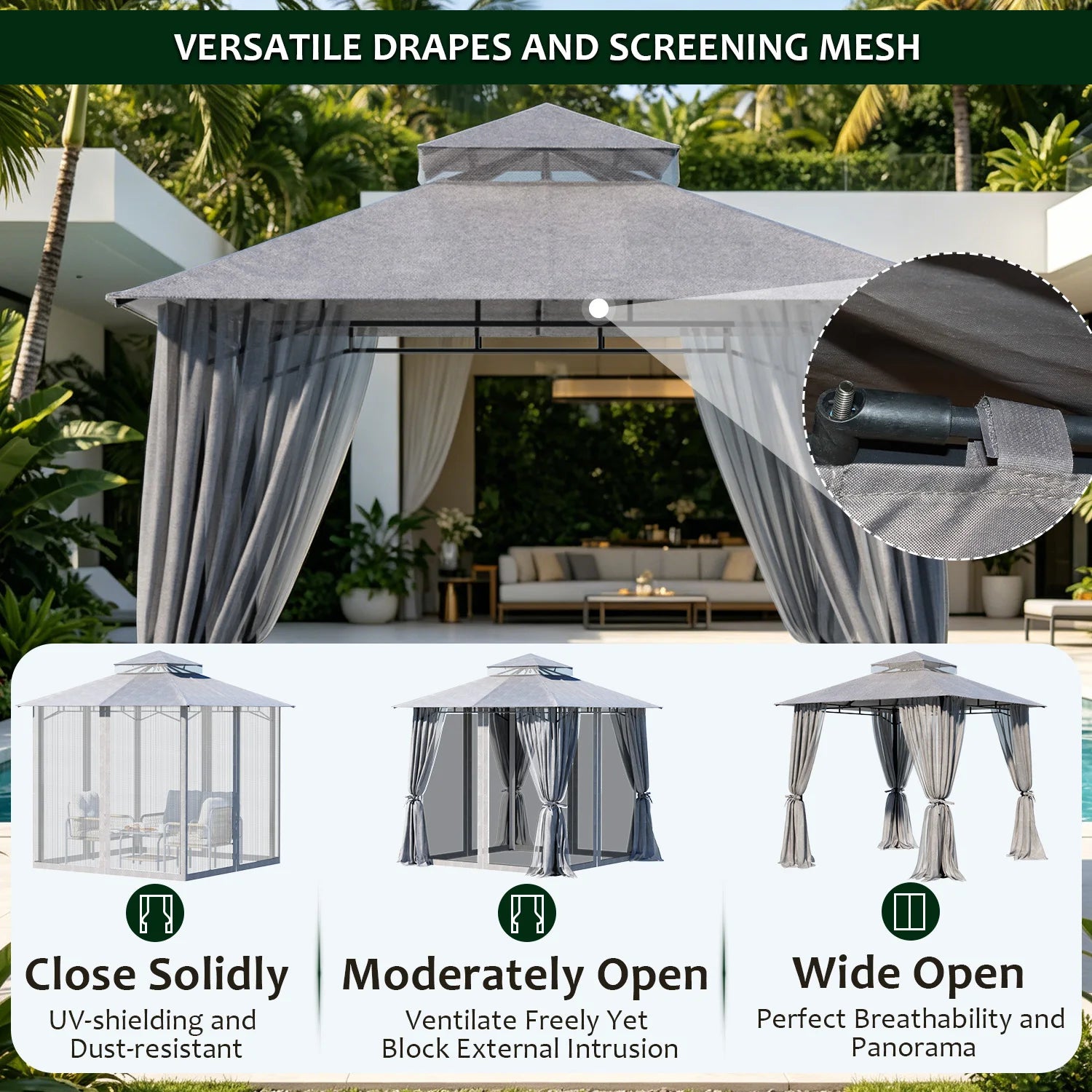 8×8 ft Double-Roof Gazebo with Netting & Curtains