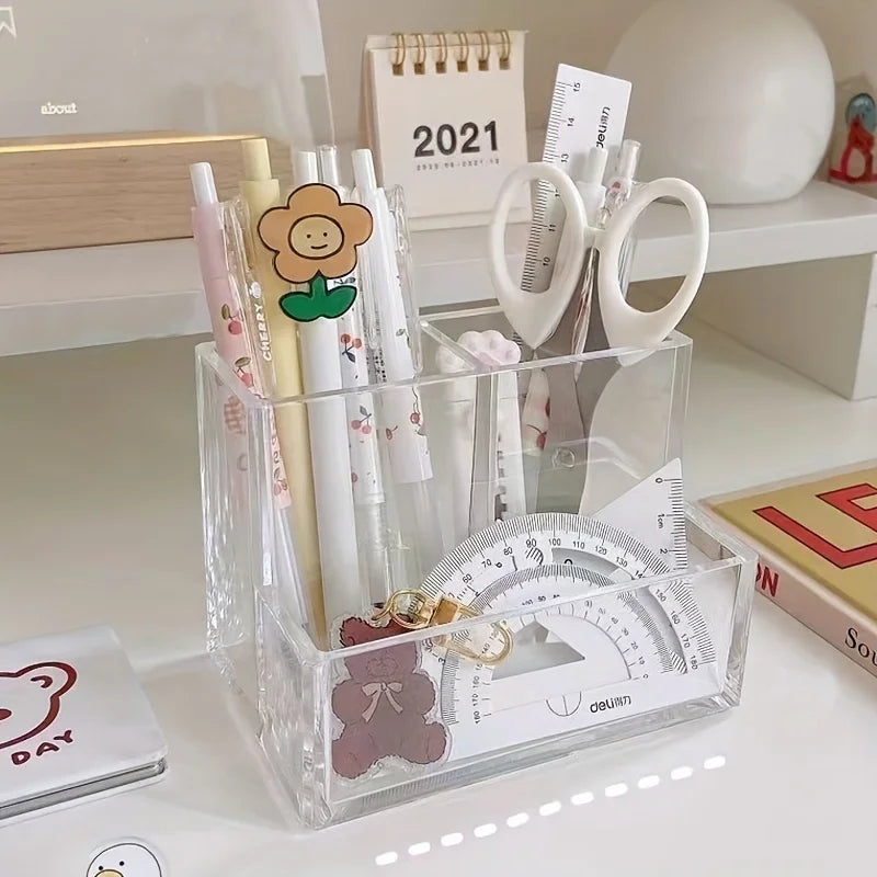 Clear Acrylic Three-Compartment Pen Holder