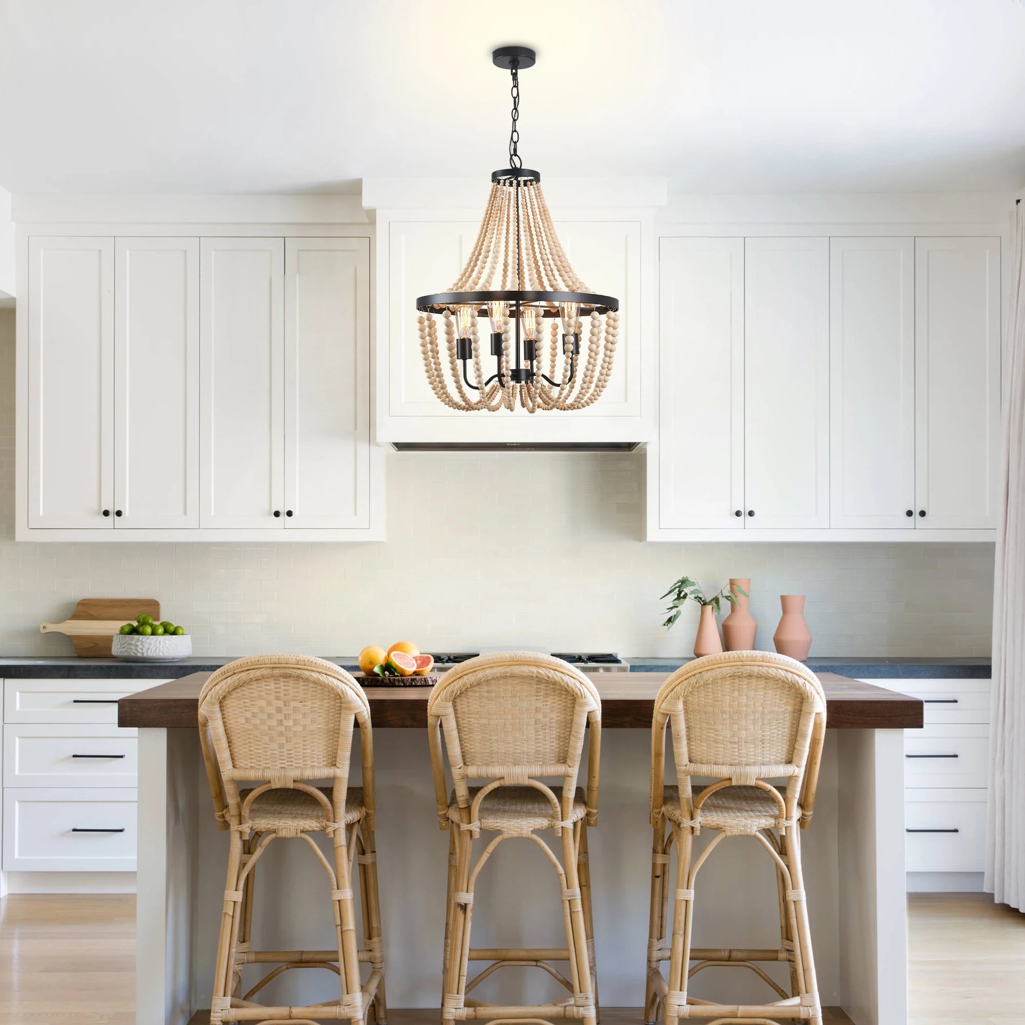 Boho Wood Bead Dimmable Chandelier