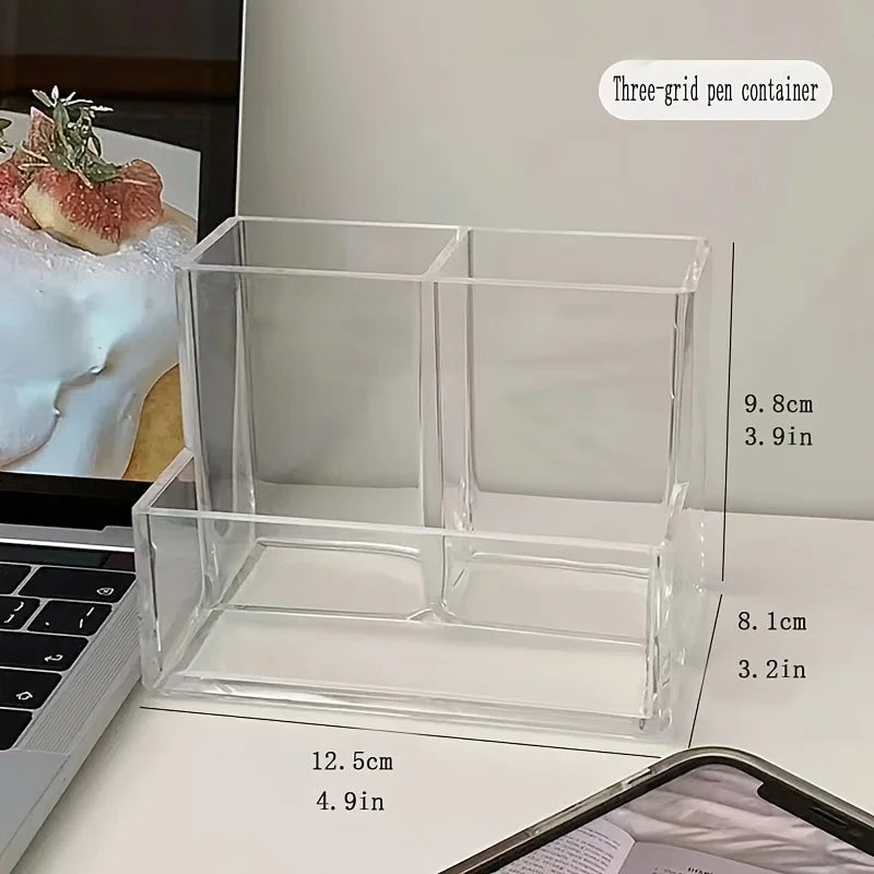 Clear Acrylic Three-Compartment Pen Holder