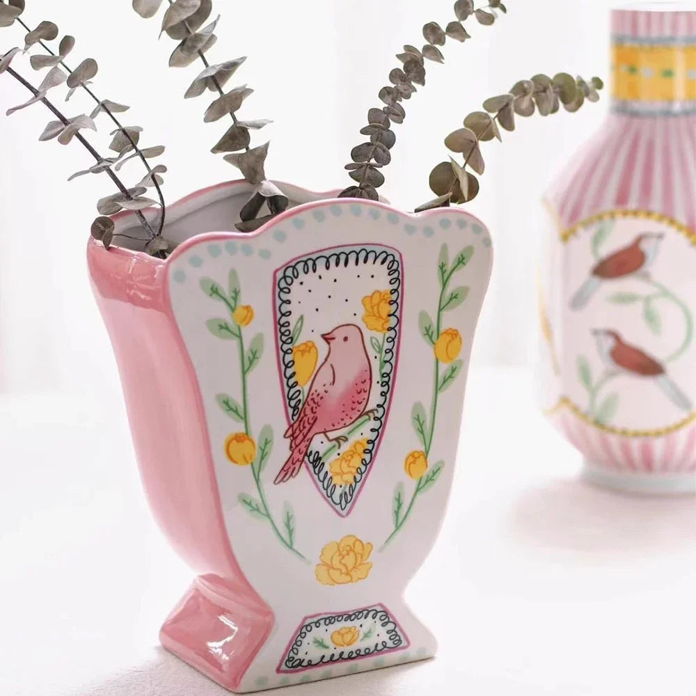 French Ceramic Bird Rose Vase