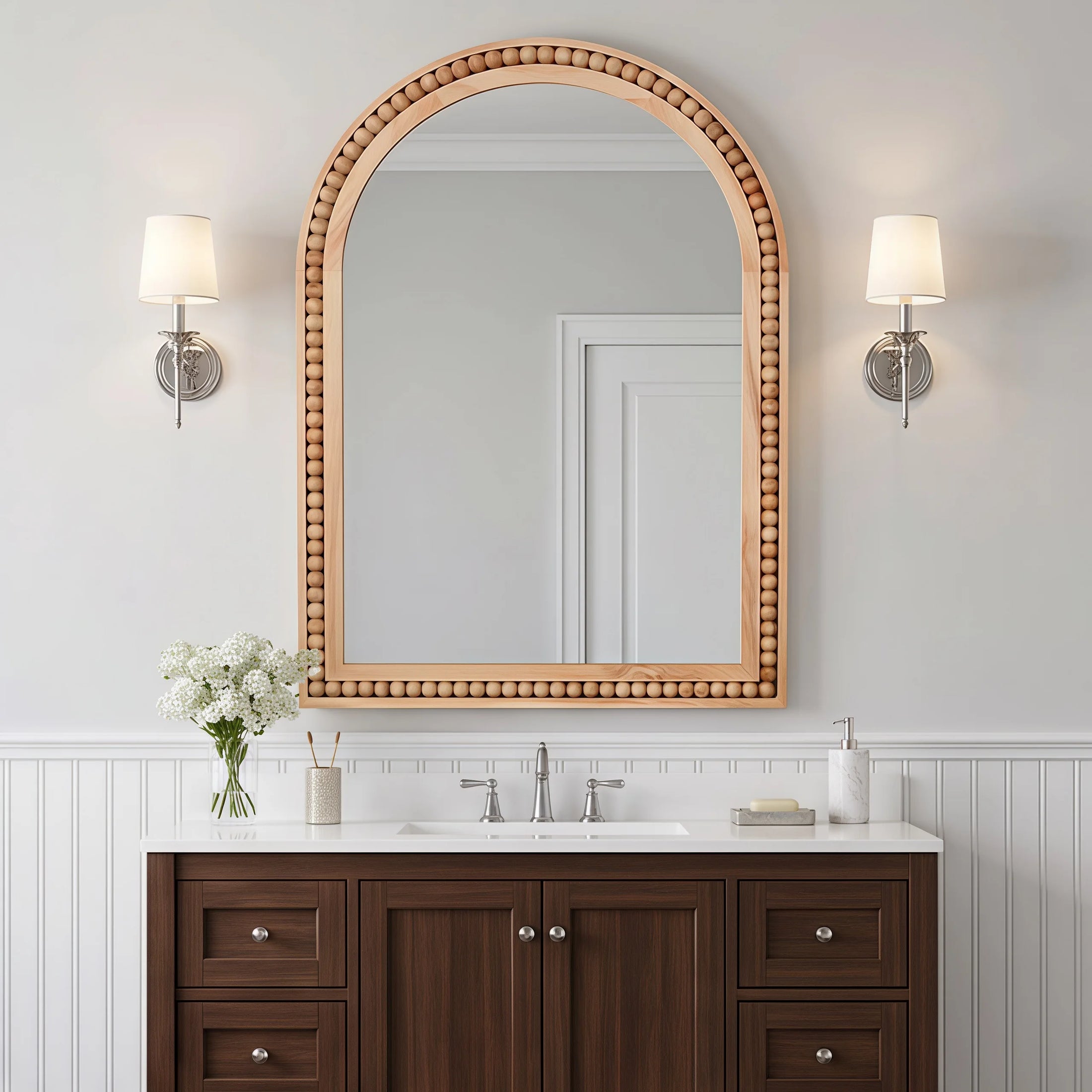 Beaded Arched Wood Mirror 24x36
