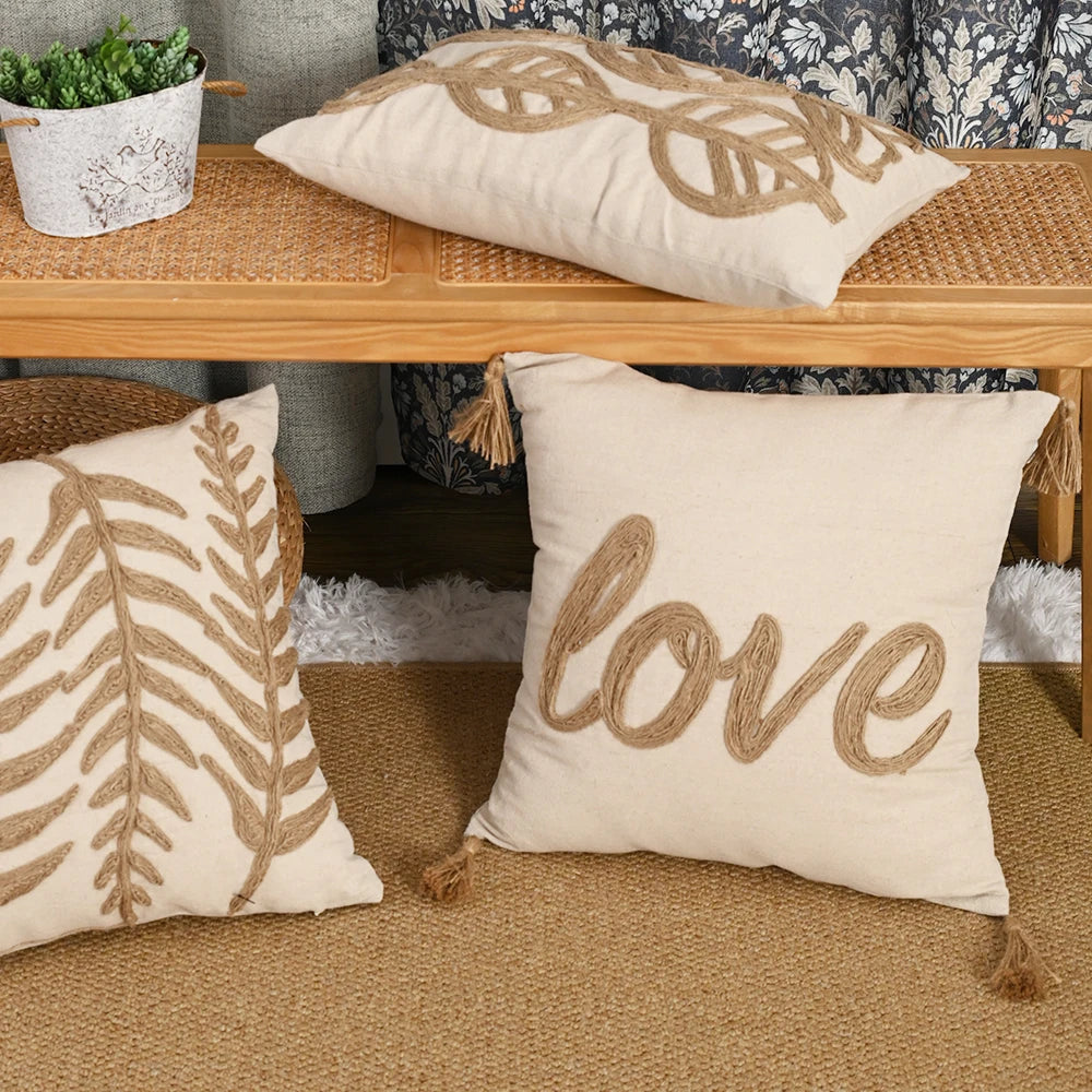 Boho Leaves Embroidered Pillowcase Cover