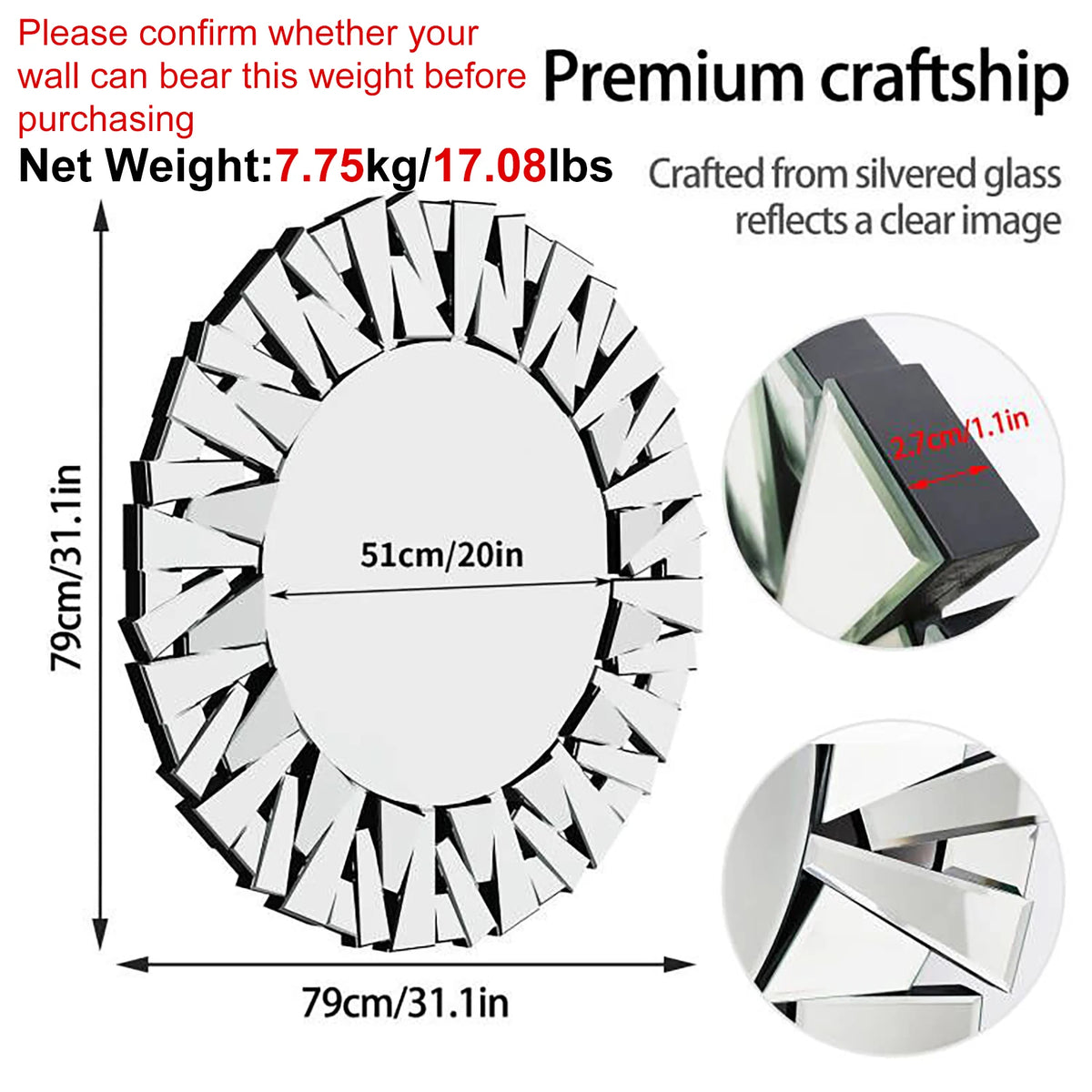 Large 79 cm Round Beveled Wall Mirror