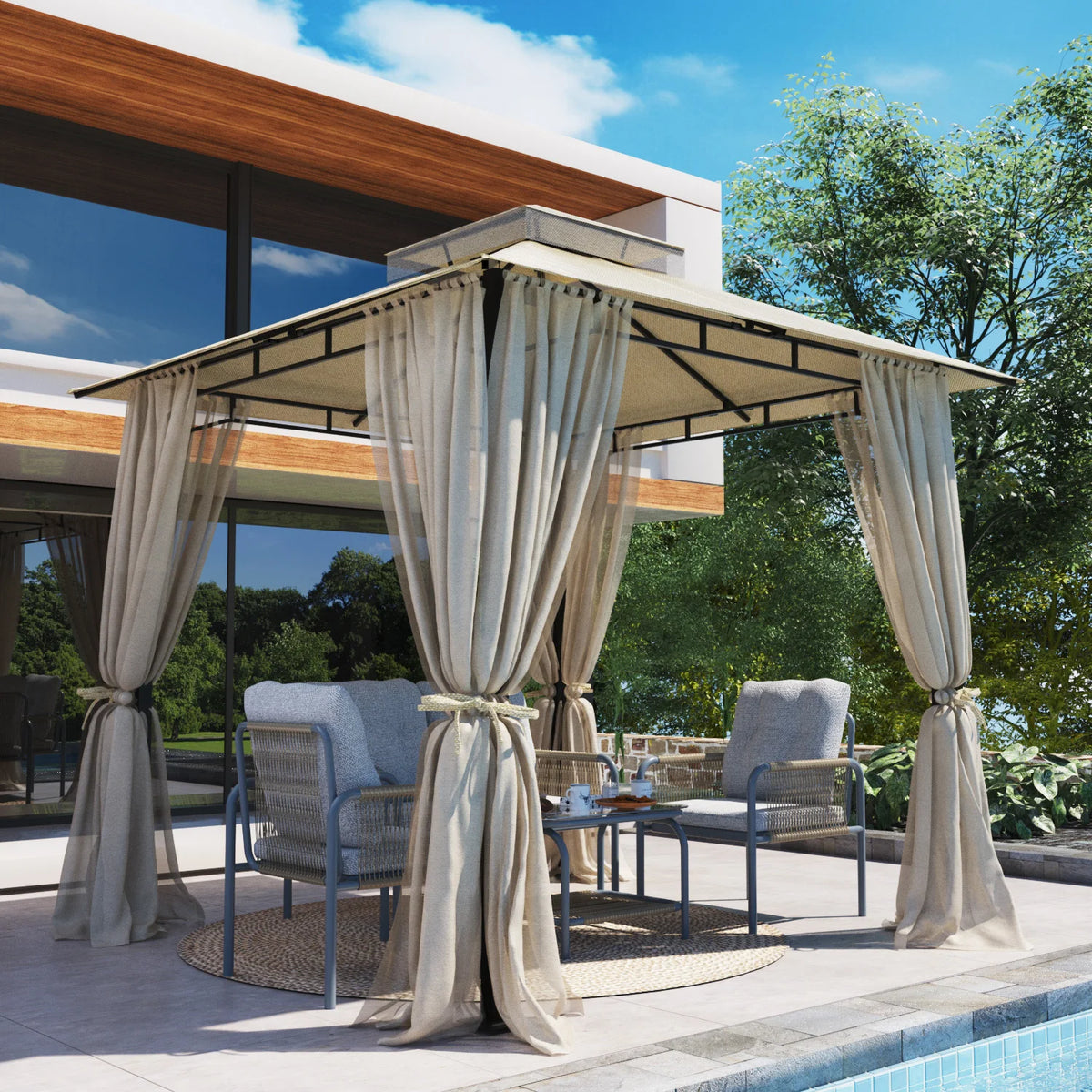 8×8 ft Double-Roof Gazebo with Netting & Curtains