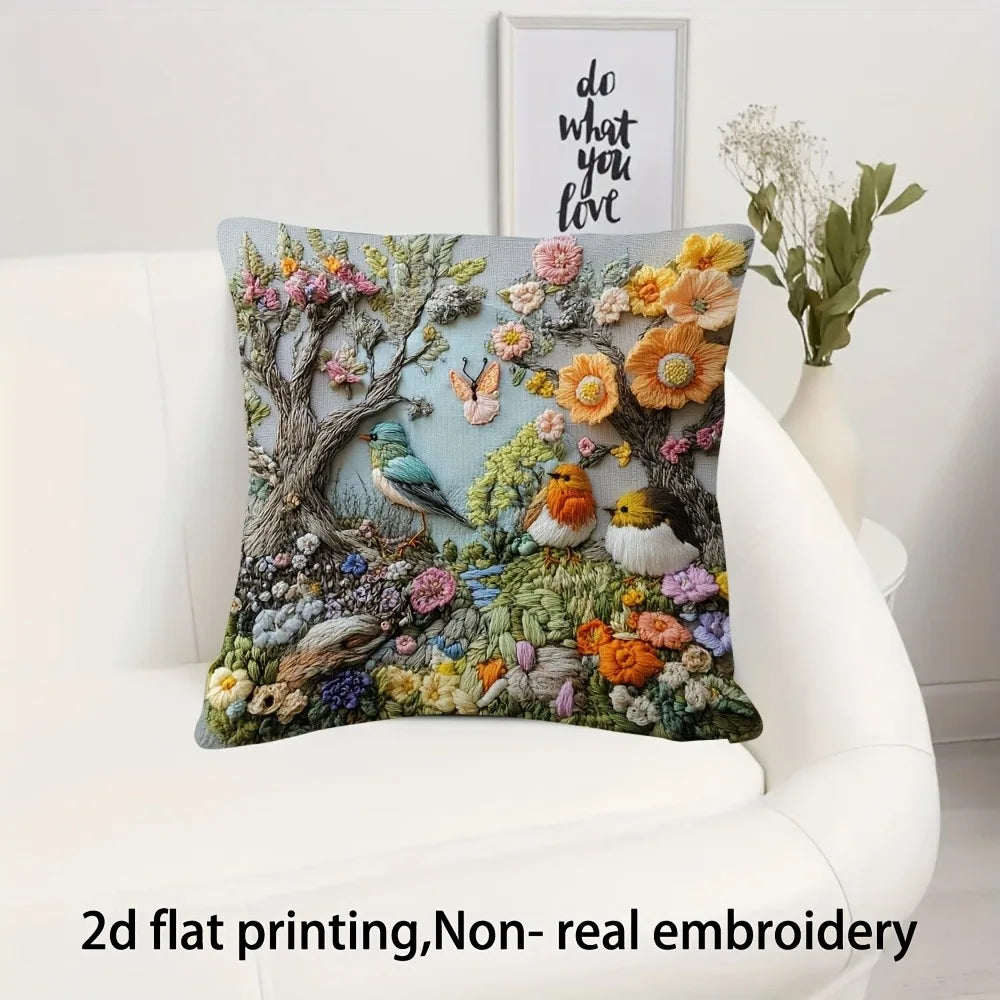 Embroidered Bird Floral Pillow Cover
