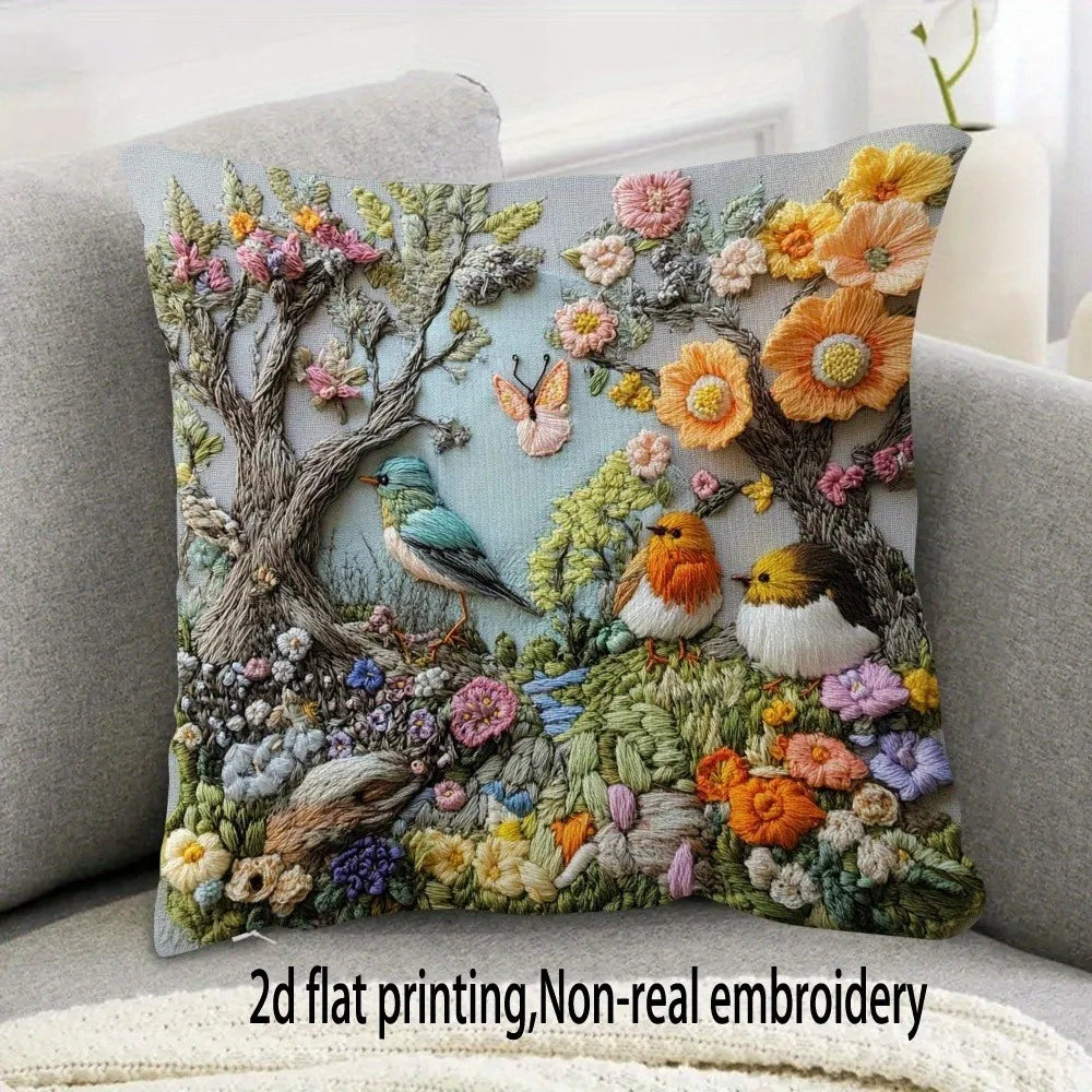 Embroidered Bird Floral Pillow Cover