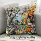Embroidered Bird Floral Pillow Cover