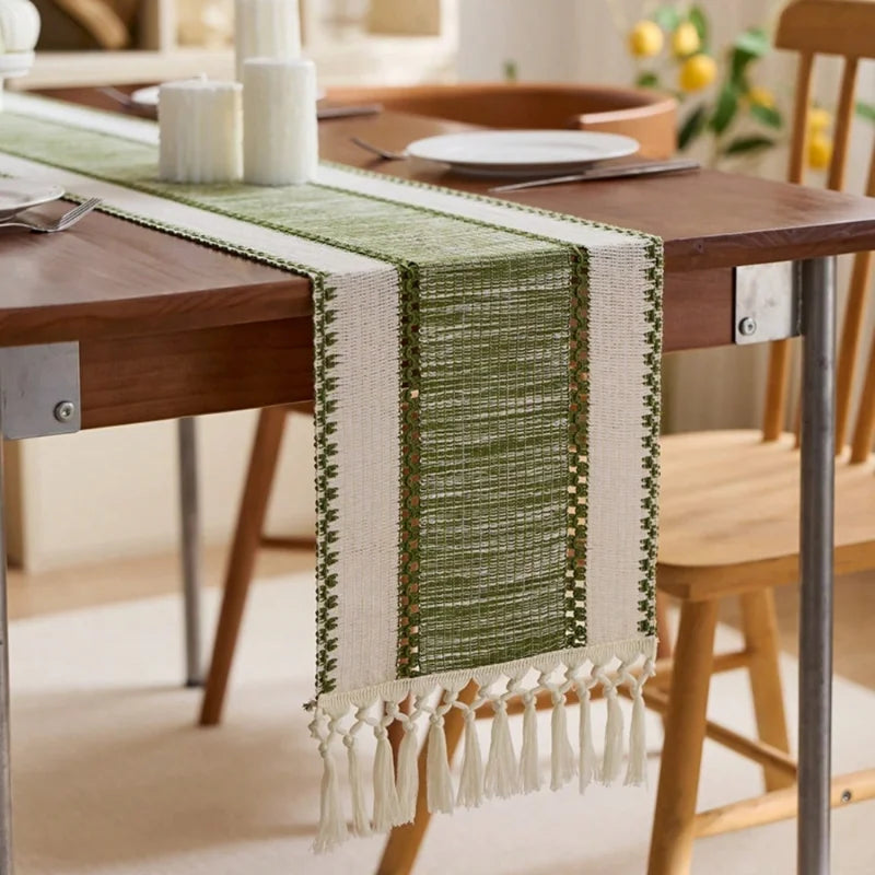 Striped Green Boho Table Runner