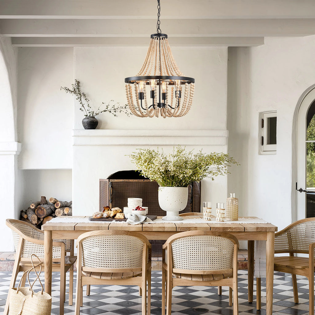 Boho Wood Bead Dimmable Chandelier