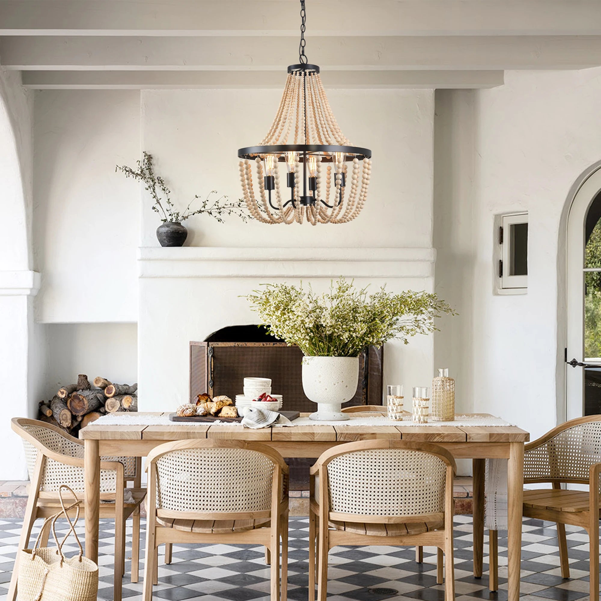 Boho Wood Bead Dimmable Chandelier