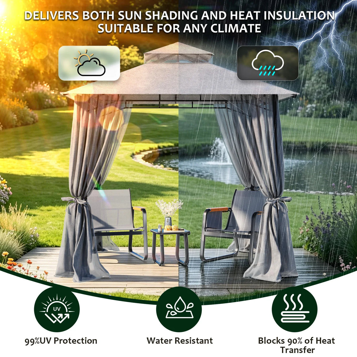 8×8 ft Double-Roof Gazebo with Netting & Curtains