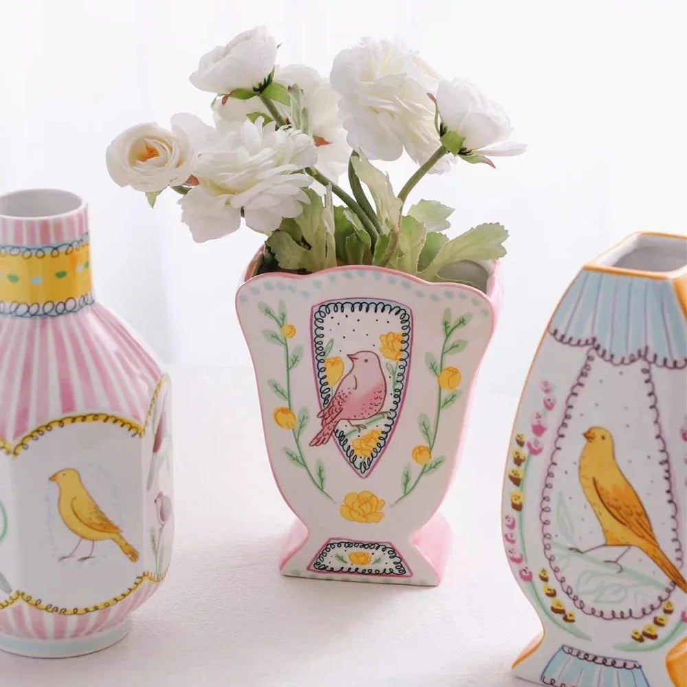 French Ceramic Bird Rose Vase