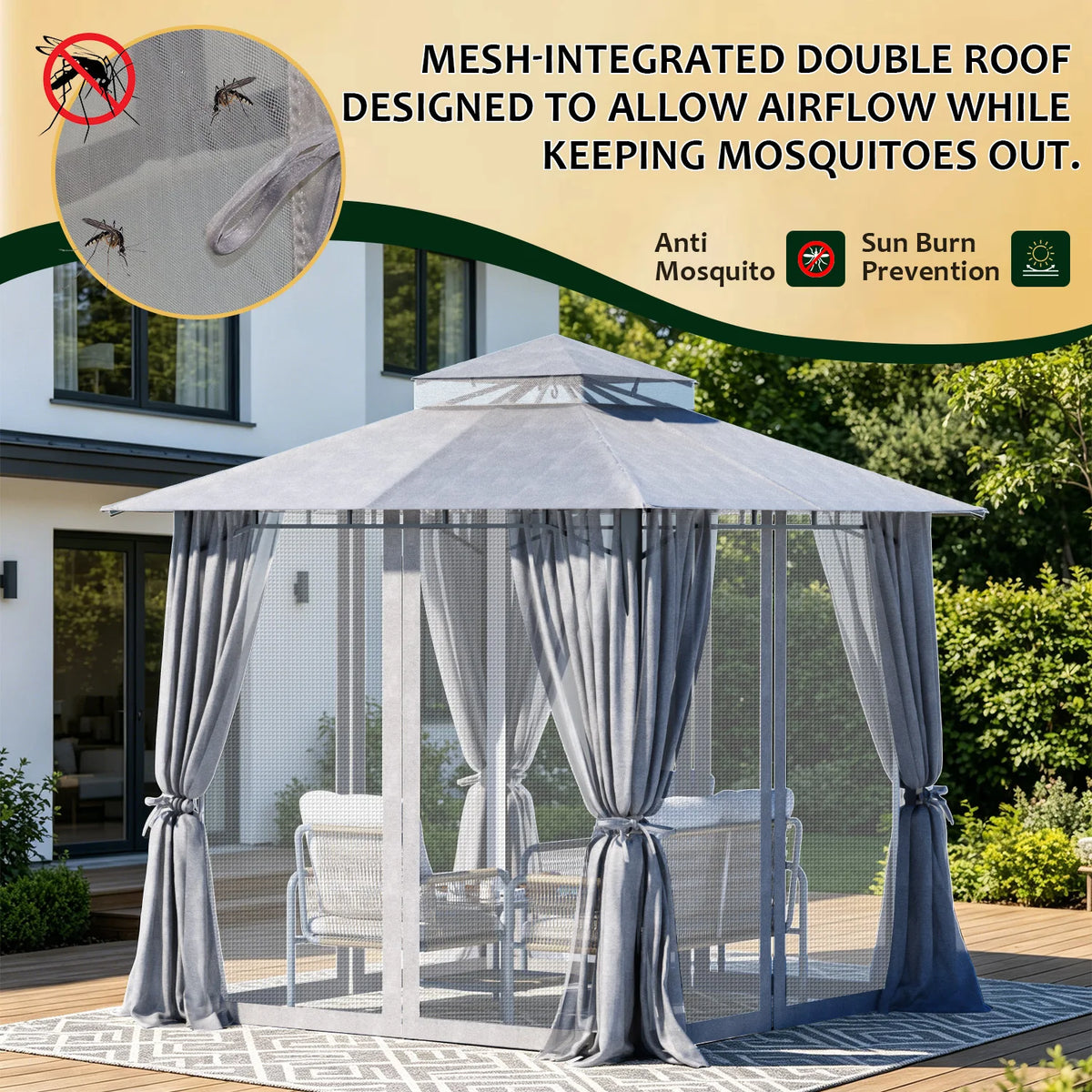 8×8 ft Double-Roof Gazebo with Netting & Curtains