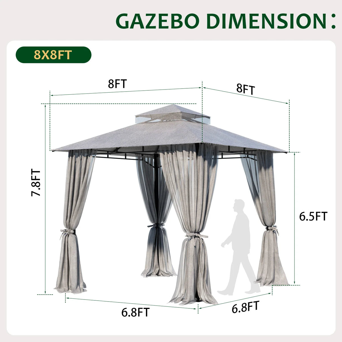8×8 ft Double-Roof Gazebo with Netting & Curtains