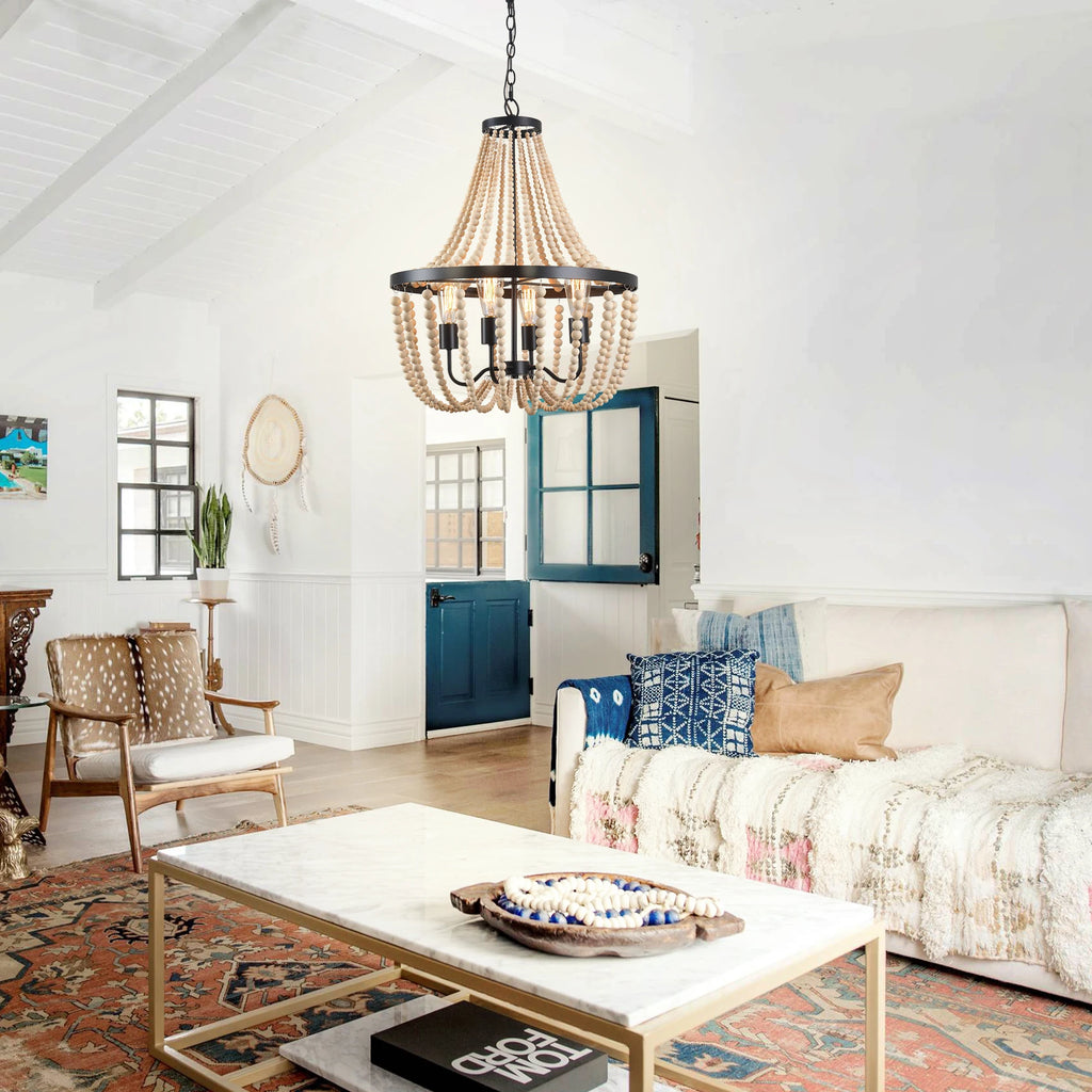 Boho Wood Bead Dimmable Chandelier