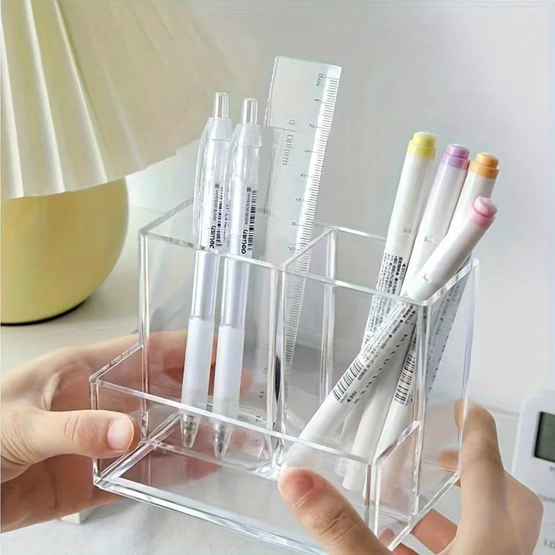 Clear Acrylic Three-Compartment Pen Holder