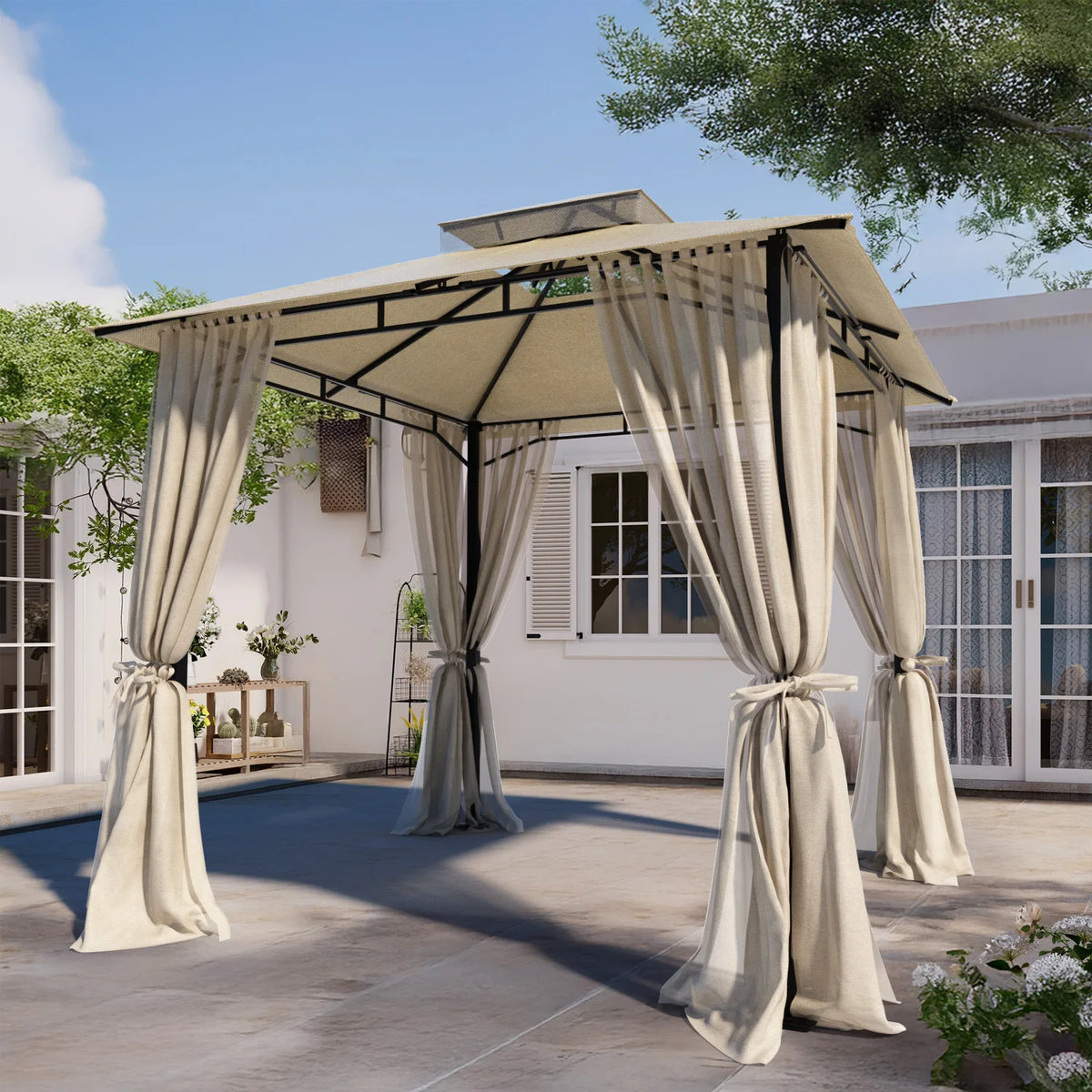 8×8 ft Double-Roof Gazebo with Netting & Curtains