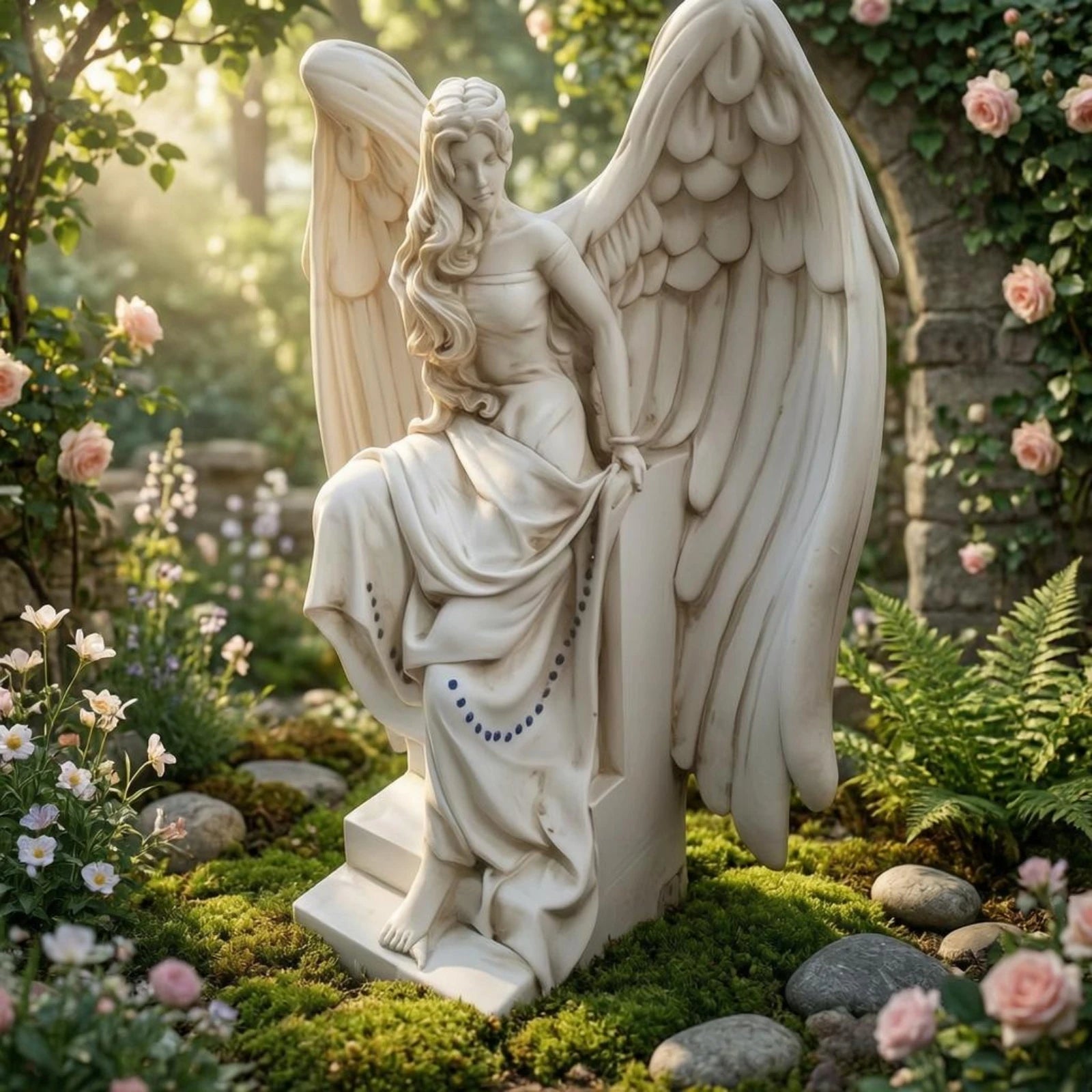 Seated White Angel Figurine with Feathered Wings