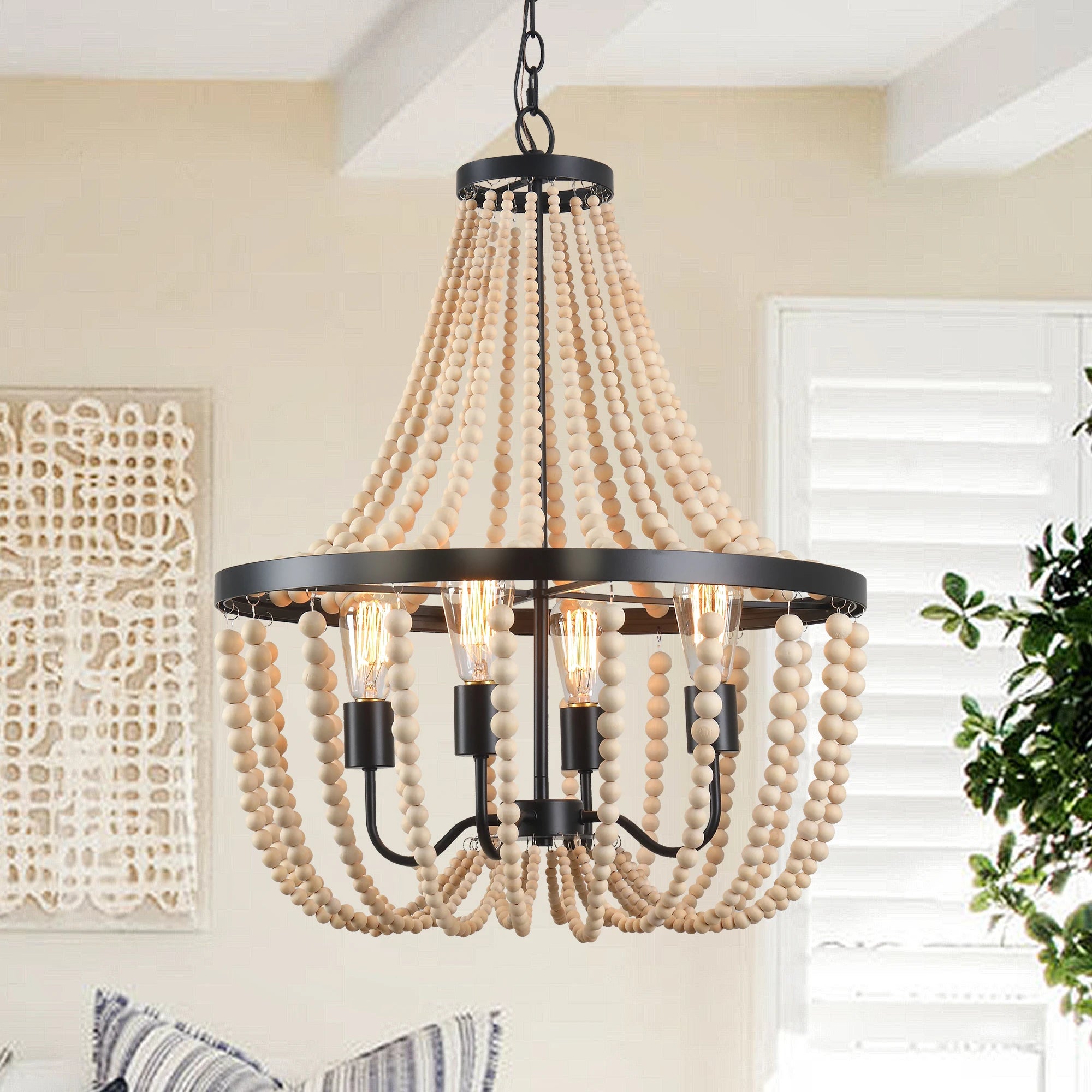 Boho Wood Bead Dimmable Chandelier