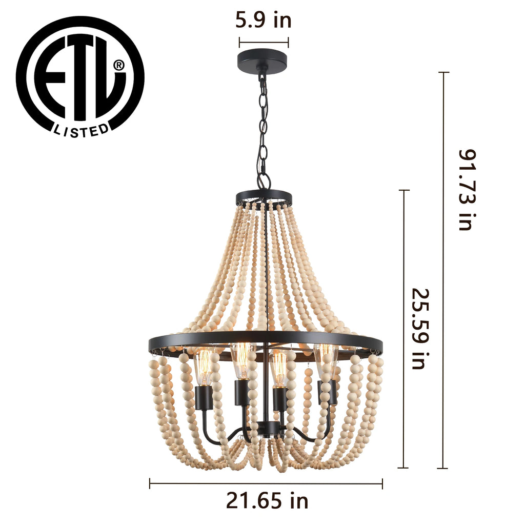 Boho Wood Bead Dimmable Chandelier