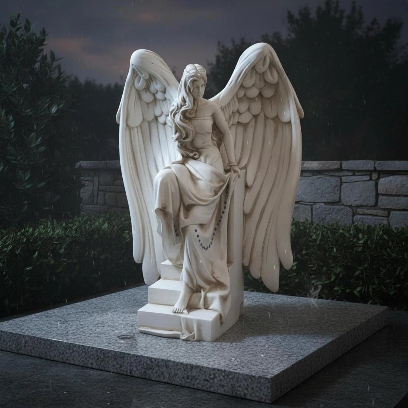 Seated White Angel Figurine with Feathered Wings