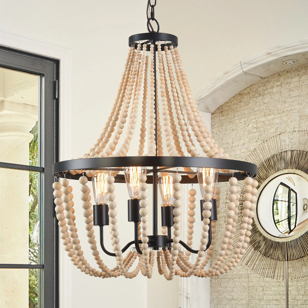 Boho Wood Bead Dimmable Chandelier