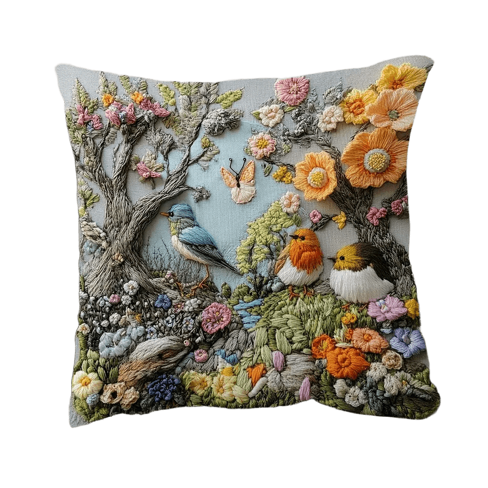 Embroidered Bird Floral Pillow Cover