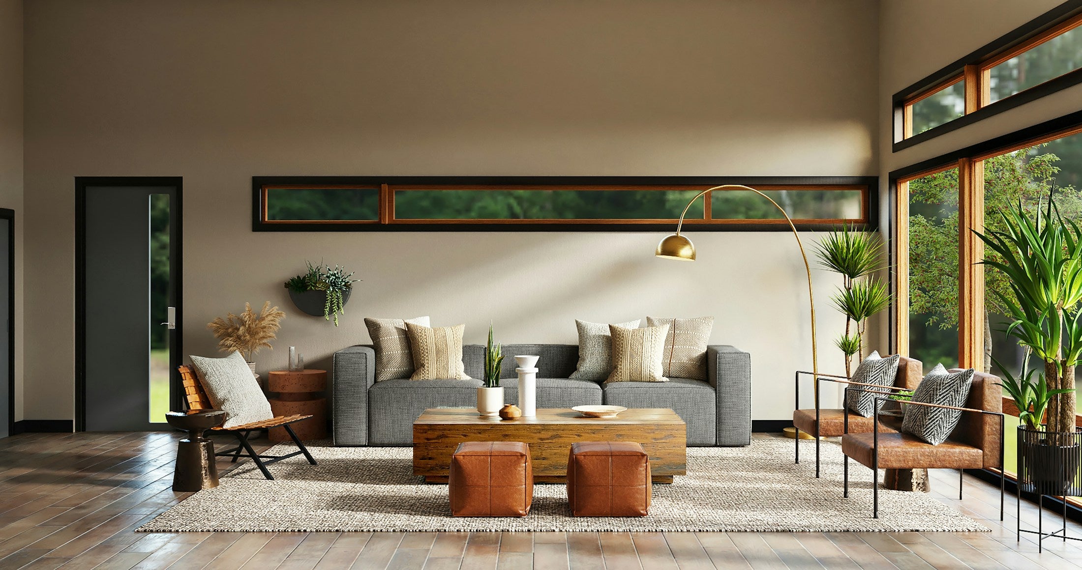 Warm modern living room styled in rich neutral tones