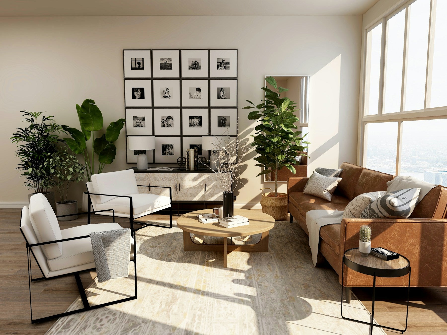 Warm neutral living room with a sculptural table